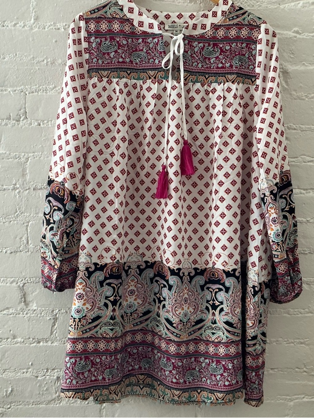 Tassels N Lace Multicolor Printed Tassel Tunic Dress Boho Coquette Festival M